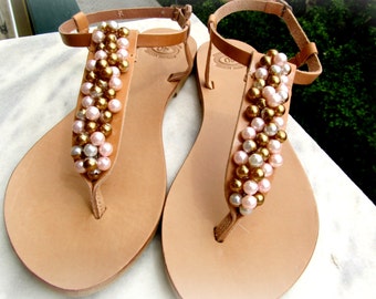 Wedding sandals, Greek leather sandals, Pearls sandals, Summer shoes, Bridal party, Bridesmaid flats, Beach wedding, Decorated sandals,