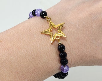 Star black beaded bracelet, Celestial jewelry, Beaded bracelet, Gold plated bracelet, Butterfly jewelry, Gift for her, Mother's day gift