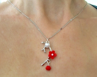 Silver branch with red flower necklace, Silver chain necklace ,Blossom necklace, Flower necklace, Red flower necklace, Valentine's day gift