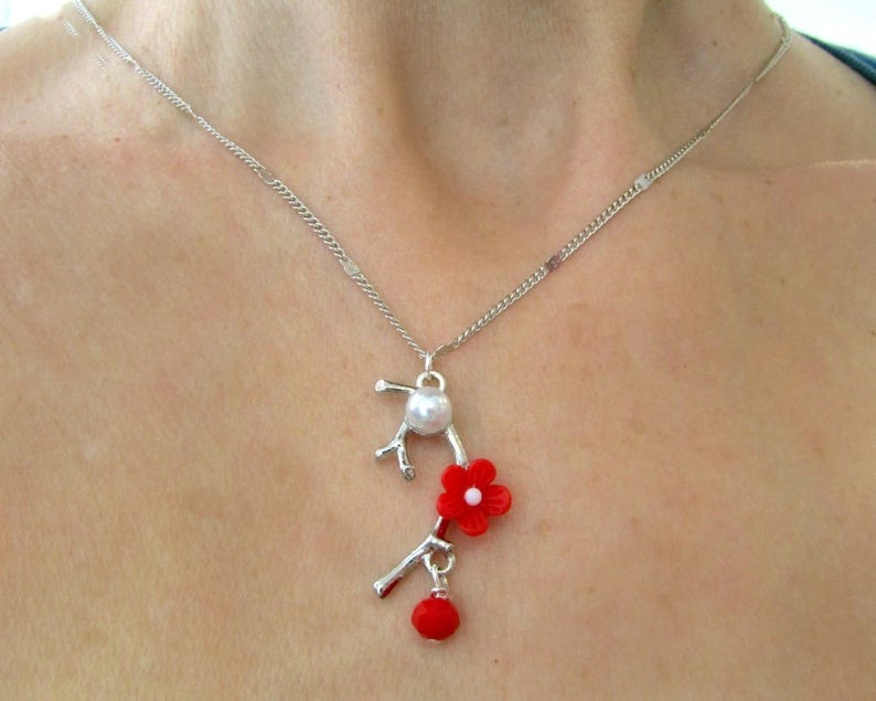 Silver branch with red flower necklace, Silver chain necklace ,Blossom necklace, Flower necklace, Red flower necklace, Valentine's day gift image 1