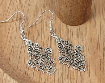 Silver earrings, Lasy silver earrings, Dangle vintage earrings, Romantic earrings, Bohemian jewelry, Filigree earrings, Gift for her
