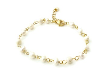 Gold pearl bracelet, Freshwater rosary bracelet, Wedding pearl bracelet, White pearl bracelet, White rosary bracelet, Mother's day gift