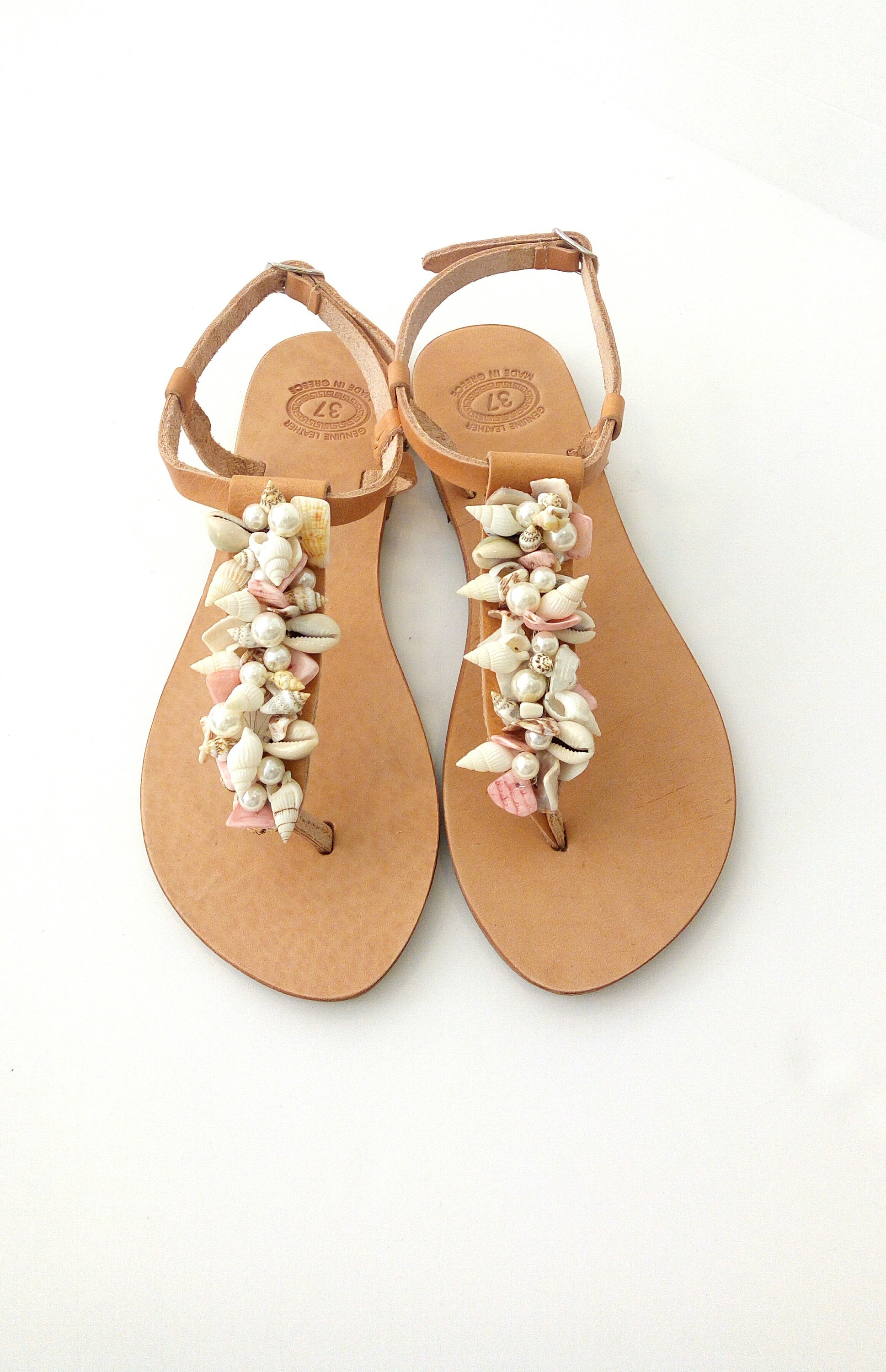 Cowrie sandals  Beach  wedding leather sandals  Greek 