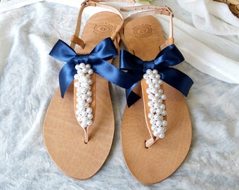 Wedding pearl sandals, Navy blue bow and white pearls sandals, Leather sandals, Greek sandals, Bridal party shoes, Beach wedding sandals