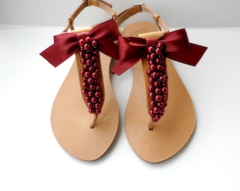 Burgundy wedding sandals- Summer flats- Burgundy shoes -Greek leather sandals -Hot pink ruby- Bridal party-  Women flats- Bridesmaid sandals