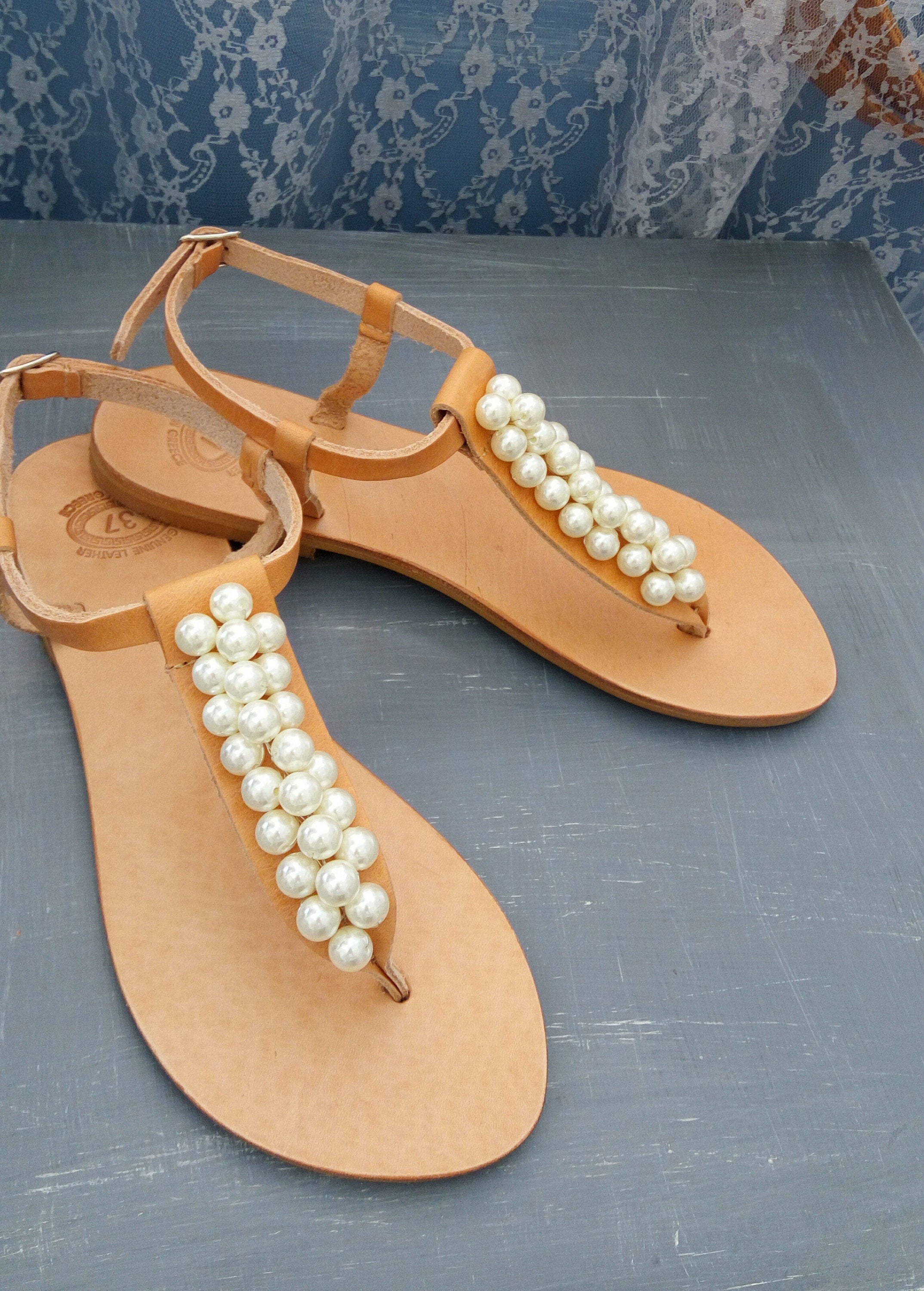 Ivory pearl sandals, Greek leather sandals, Wedding pearl sandals ...