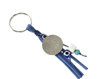 Blue keychain with Phaistos disc,  Ascent Greek silver Phaestos disc keychain, Handmade keychain, Red keychain, Keychain gift, Unique gift