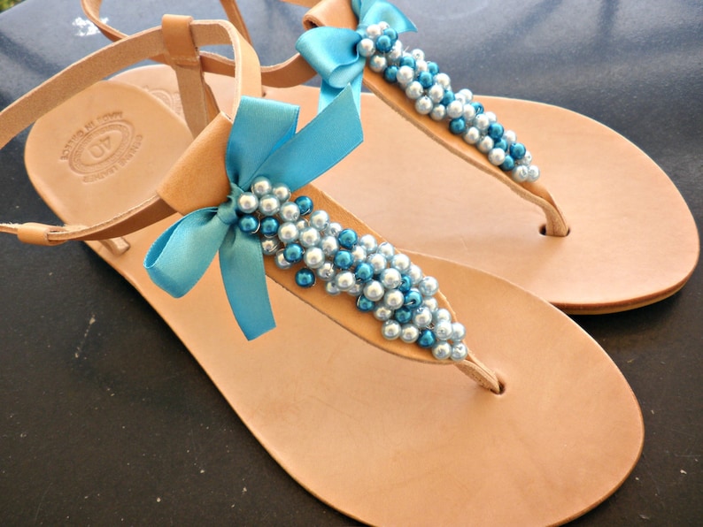 Leather Greek sandals Summer sandals- Something blue Bridesmaids sandals Summer flats Wedding shoes Blue pearls decorated sandals