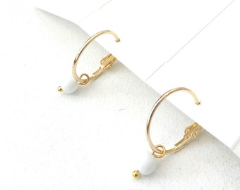 Gold hoops with dangle white beads, Minimalist earrings, White beaded hoop earrings, Delicate earrings, Everyday jewelry, Simple earrings