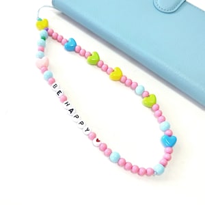 Phone Strap Hearts, Be Happy word Beaded Phone Strap,Pastel Phone Wrist Strap, Charm Strap, Phone charm Bracelet, Trendy phone accessories