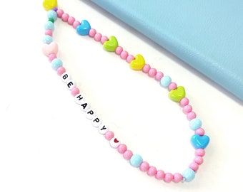 Phone Strap Hearts, Be Happy word Beaded Phone Strap,Pastel Phone Wrist Strap, Charm Strap, Phone charm Bracelet, Trendy phone accessories