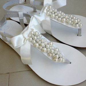 Wedding white sandals with ivory pearls and satin bow, White Greek sandals with ivory pearls, Bridal white flats /Bridesmaid shoes image 7