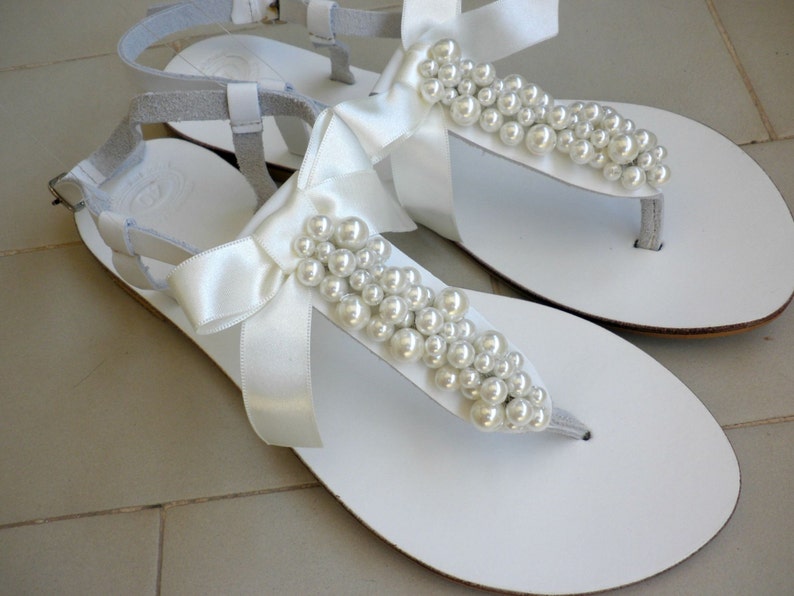 Wedding white sandals with ivory pearls and satin bow, White Greek sandals with ivory pearls, Bridal white flats /Bridesmaid shoes image 7