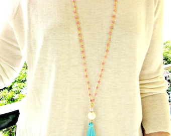 Long pink beaded necklace with turquoise tassel, Blue tassel necklace, Pink beaded necklace, Boho necklace, Summer necklace, Gift for her