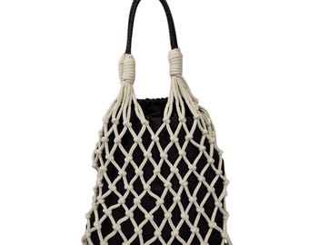 Boho Macrame net tote in ecru, Handmade cotton fishnet bag with handles, Beach shoulder bag, Natural color bag, Summer natural bag