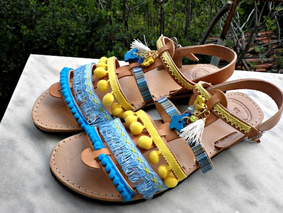 Bar Repræsentere Himlen Gladiator Sandals /pom Pom Decorated Sandals /boho Sandals/ - Etsy Australia