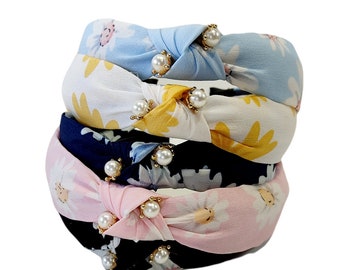 Blue knotted headband with pearls, Floral headband, Bridal shower gift, Black floral, Pink floral knot headband Yellow knotted turban