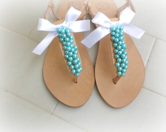 Wedding sandals- Turquoise pearls- Leather sandals decorated with teal pearls and lace bow -Turquoise women flats- Bridesmaid sandals