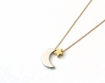 Silver crescent moon and gold star necklace- Minimalist jewelry- Moon star necklace - Star necklace - Small charm necklace -Anniversary gift