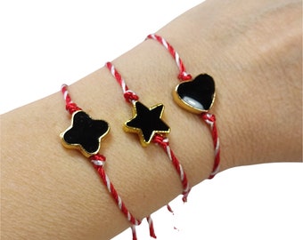 Βραχιόλι Μάρτης με χάντρα μαύρο σμάλτο ΒΜ7  /   Martaki Red white string black heart bracelet