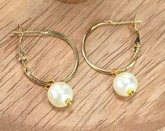 Gold hoops with pearl earrings, Dainty gold jewelry ,Pearl earrings, Gold earrings, Wedding earrings,Bridal Pearl earrings, Simple earrings