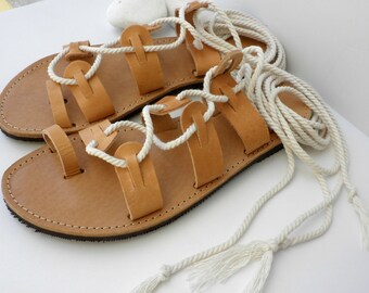 Greek leather sandals, Lace up gladiator white lace Bridal sandals,Toe ring spartian sandals,Wedding sandals,Beach wear, Summer flats