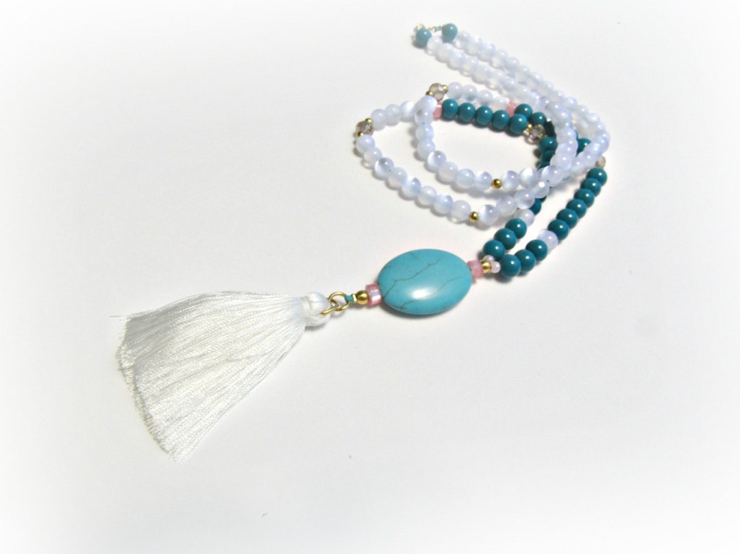 Collana Lunga Boho Turchese Con Nappe Annodate A Mano 52 Cm | Gioiello Etnico Vintage Per Donna - 3