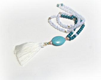 Long beaded necklace with white tassel, Turquoise stone necklace, Tassel necklace, Boho beaded necklace, Blue white , Summer jewelry