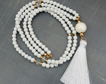 White tassel beaded necklace, Boho white necklace, Tassel necklace, White gold beaded necklace, Minimalist jewelry, Gift for her