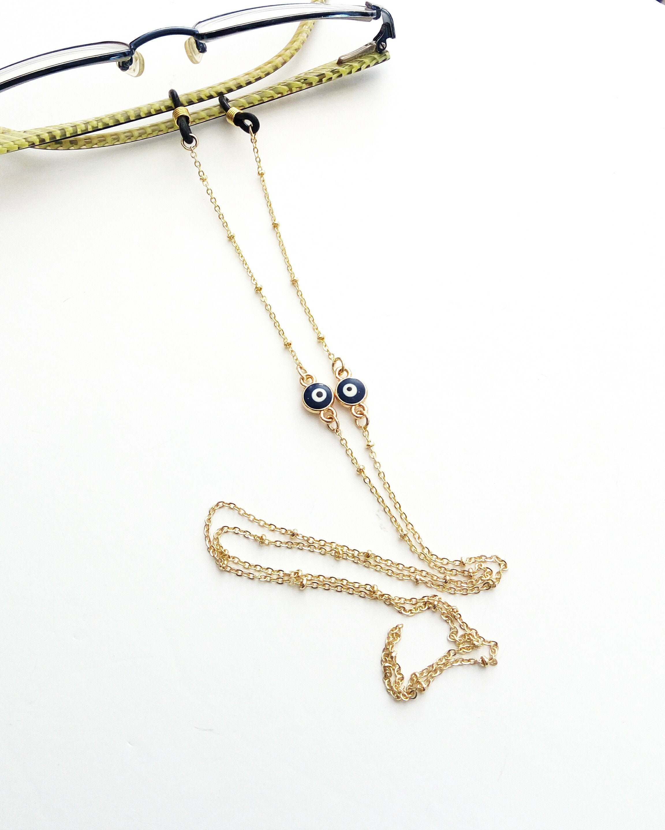 Evil eye sunglasses steel chain with balls, Gold glasses chain with