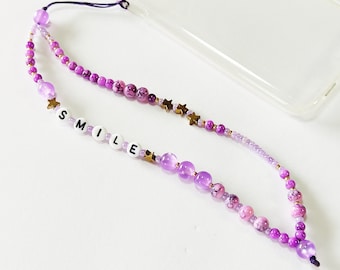 Purple phone strap, Phone beaded bracelet, Phone jewelry, Beaded purple phone string, Gift for her