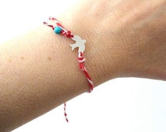 Martaki Bird red and white with blue bead adjustable bracelet, Greek March protection bracelet, Spring Red white bracelet, Martis bracelet