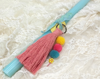 Boho decor easter candle, Greek Orthodox easter lampada, Pink tassel keychain with pompom, Unique easter gift, Traditional Greek lampada