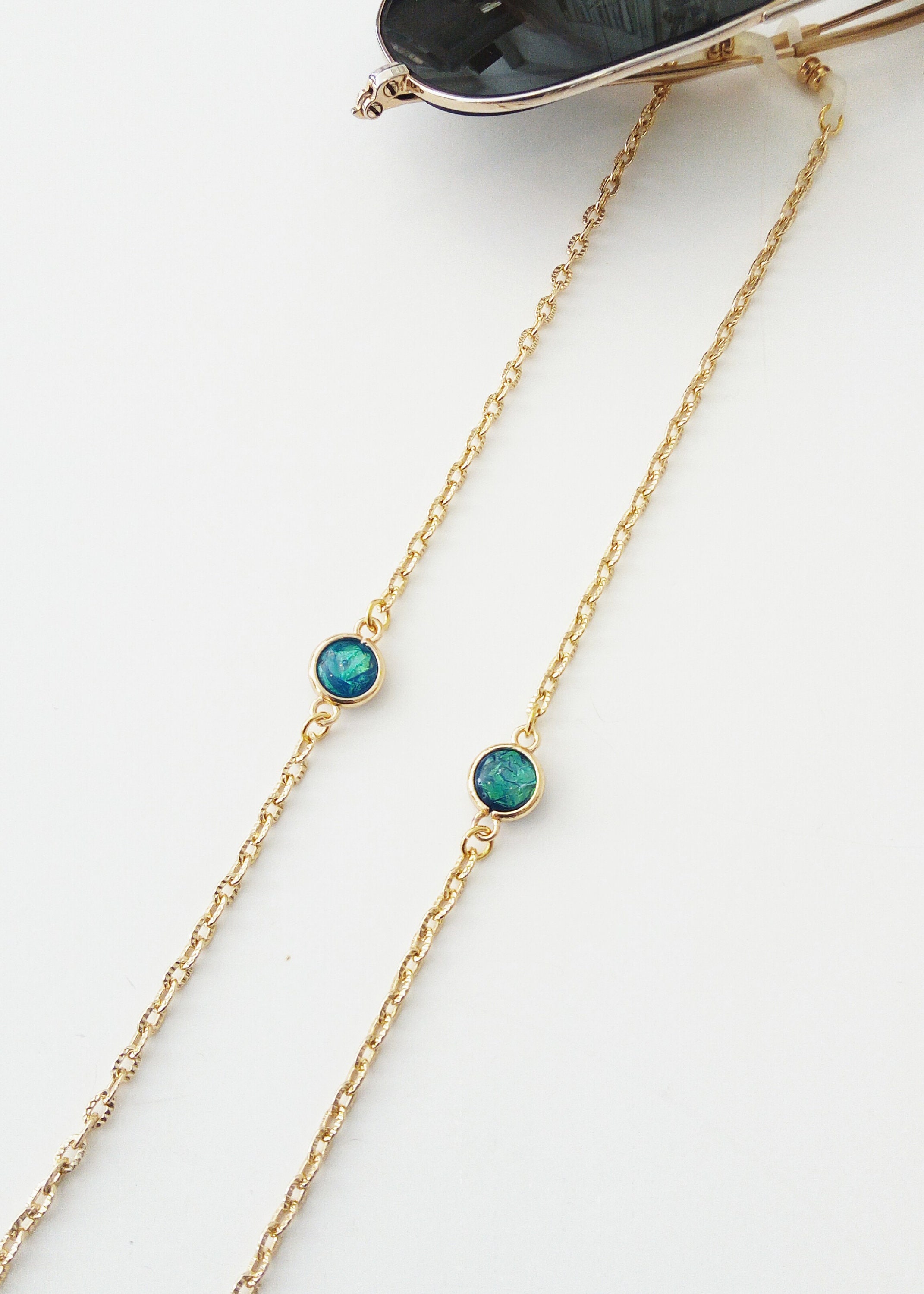 Sunglasses gold chain, Glasses chain necklace, Eyeglasses gold chain with emerald green, Laces