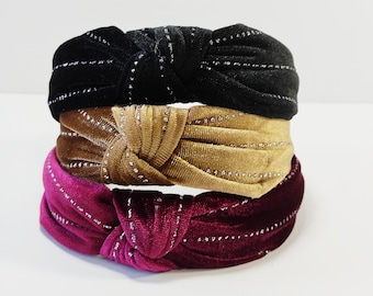 Velvet knoted headband with glitter line, Black velvet headband, Luxury headband, velvet turban, Velvet knoted headband, Gift for her