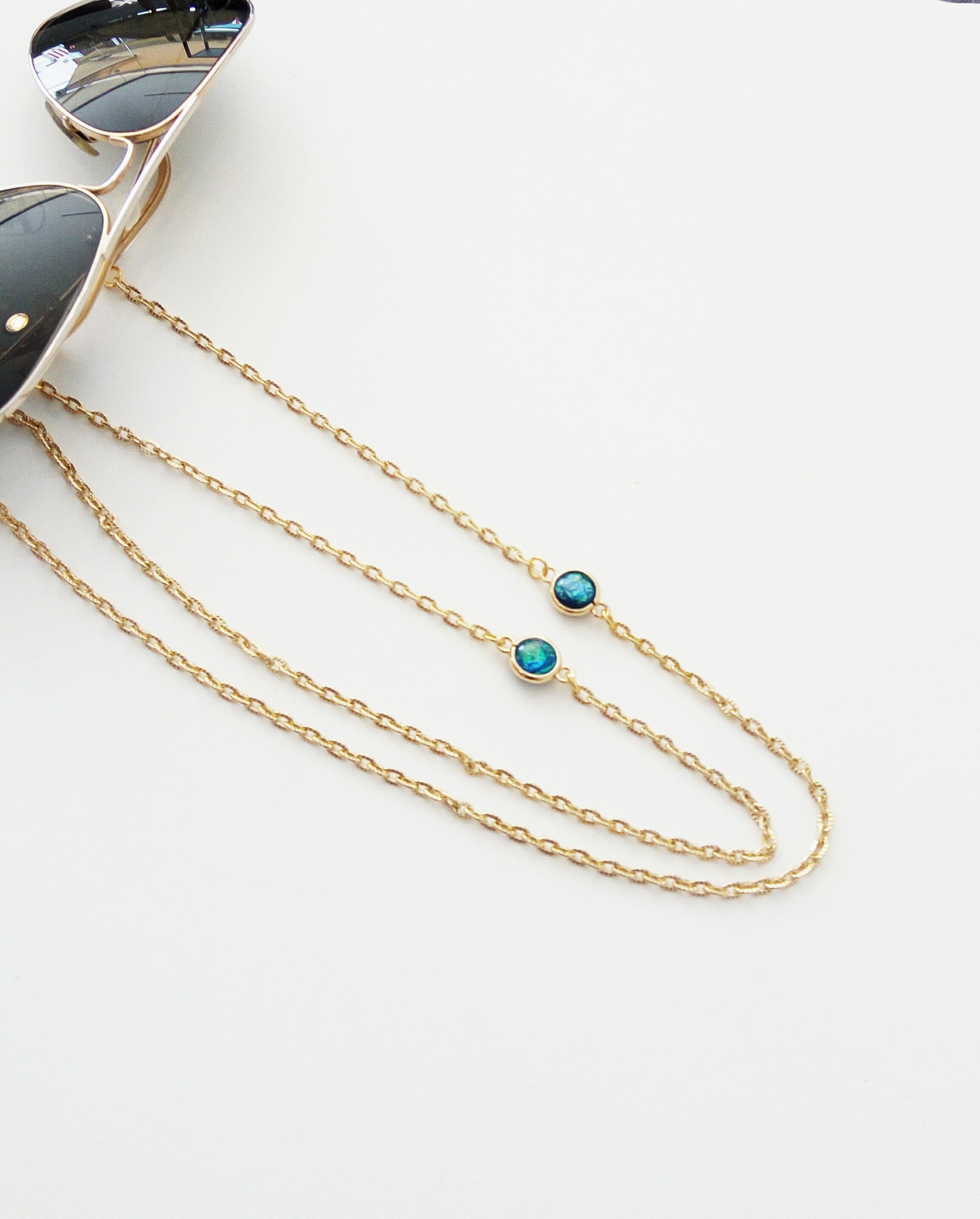 Sunglasses gold chain, Glasses chain necklace, Eyeglasses gold chain with emerald green, Laces