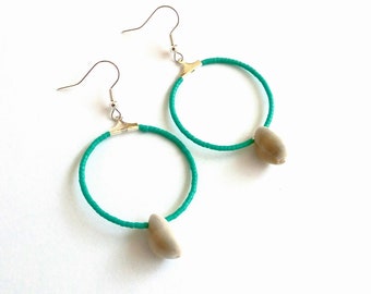 Cowrie shell earrings, Beach wedding earrings, Turquoise hoop earrings, Shell earrings, Beach jewelry, Summer earrings