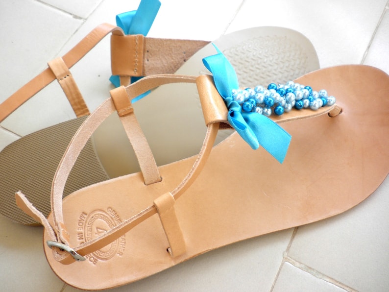 Leather Greek sandals Summer sandals- Something blue Bridesmaids sandals Summer flats Wedding shoes Blue pearls decorated sandals