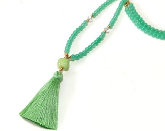 Green long necklace with tassel, Green Beaded Necklace, Large Green Bead Necklace, Tassel Necklace, Green Jewelry, Handmade Beaded Necklace