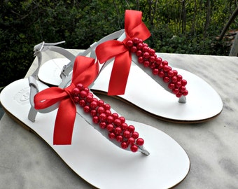 White sandals with red apple pearls, Greek leather sandals, Wedding sandals, Bridal party shoes, Bridesmaids shoes,Red Pearls, Beach wedding