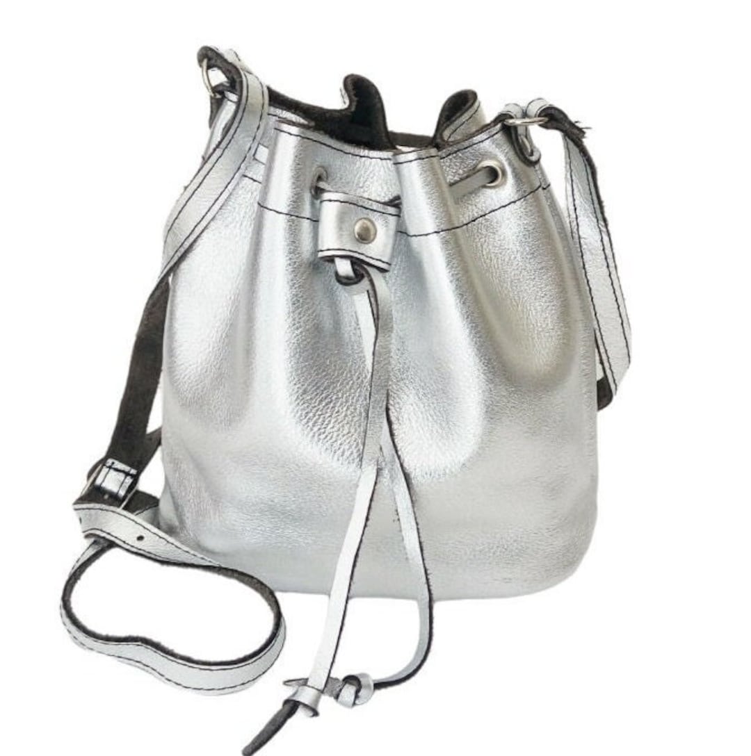 Bucket Silver Leather Bag Silver Bag Greek Bag Metalic Bucket Silver Leather Bag Silver Bag Greek Bag Metalic
