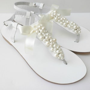 Wedding white sandals with ivory pearls and satin bow, White Greek sandals with ivory pearls, Bridal white flats /Bridesmaid shoes image 4