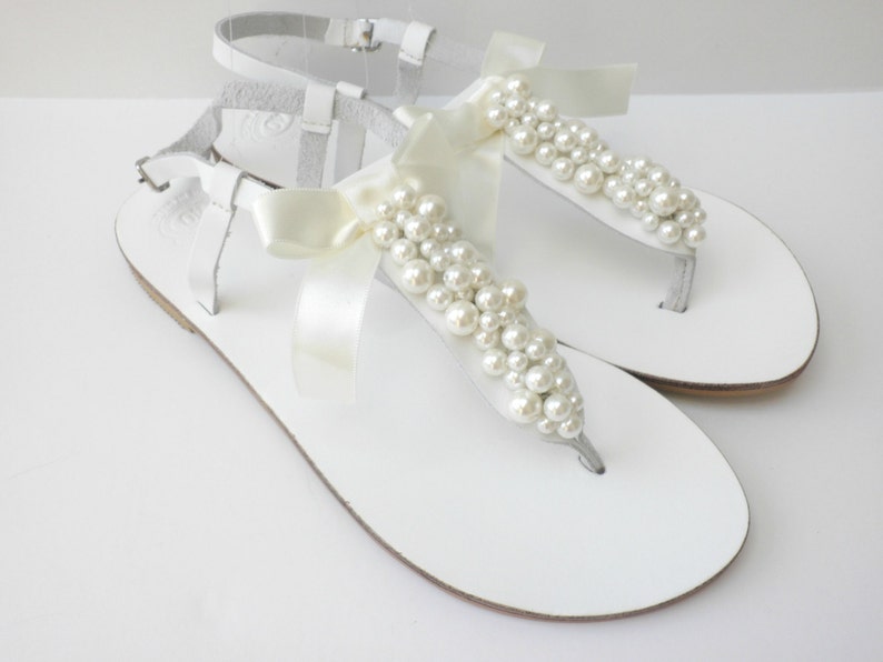 Wedding white sandals with ivory pearls and satin bow, White Greek sandals with ivory pearls, Bridal white flats /Bridesmaid shoes image 4