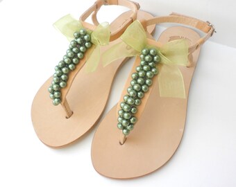 Wedding sandals -Pearl sandals - Greek leather sandals - Green pearls decorated sandals - Bridal shoes - Bridesmaid flats - Beach shoes