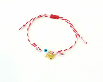 Βραχιόλι Μάρτης με επίχρυσο πουλί  Β-12  / Red and white string gold bird with evil eye bracelet