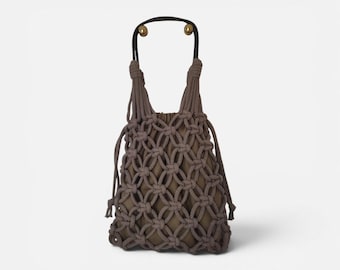 Handmade light brown macrame bag, Cotton fishnet bag with faux leather handles