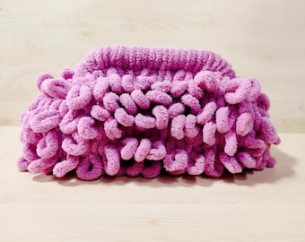 Fluffy Pink Handmade envelope bag, Pink puffy bag, Handmade knitted bag, Fluffy knitted purse, Pink puffy bag with cherry lining, Girly bag