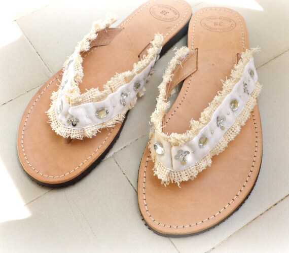 Wedding Sandals Greek Leather Sandals Bridal Shoes Beach Wedding Summer Sandals Leather Sandals Decorated With Ivory Trim