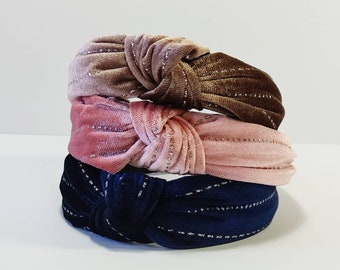 Velvet knoted hairband with glitter line, Luxury headband, Pink velvet headband, Brown velvet turban, Blue knoted headband, Gift for girls