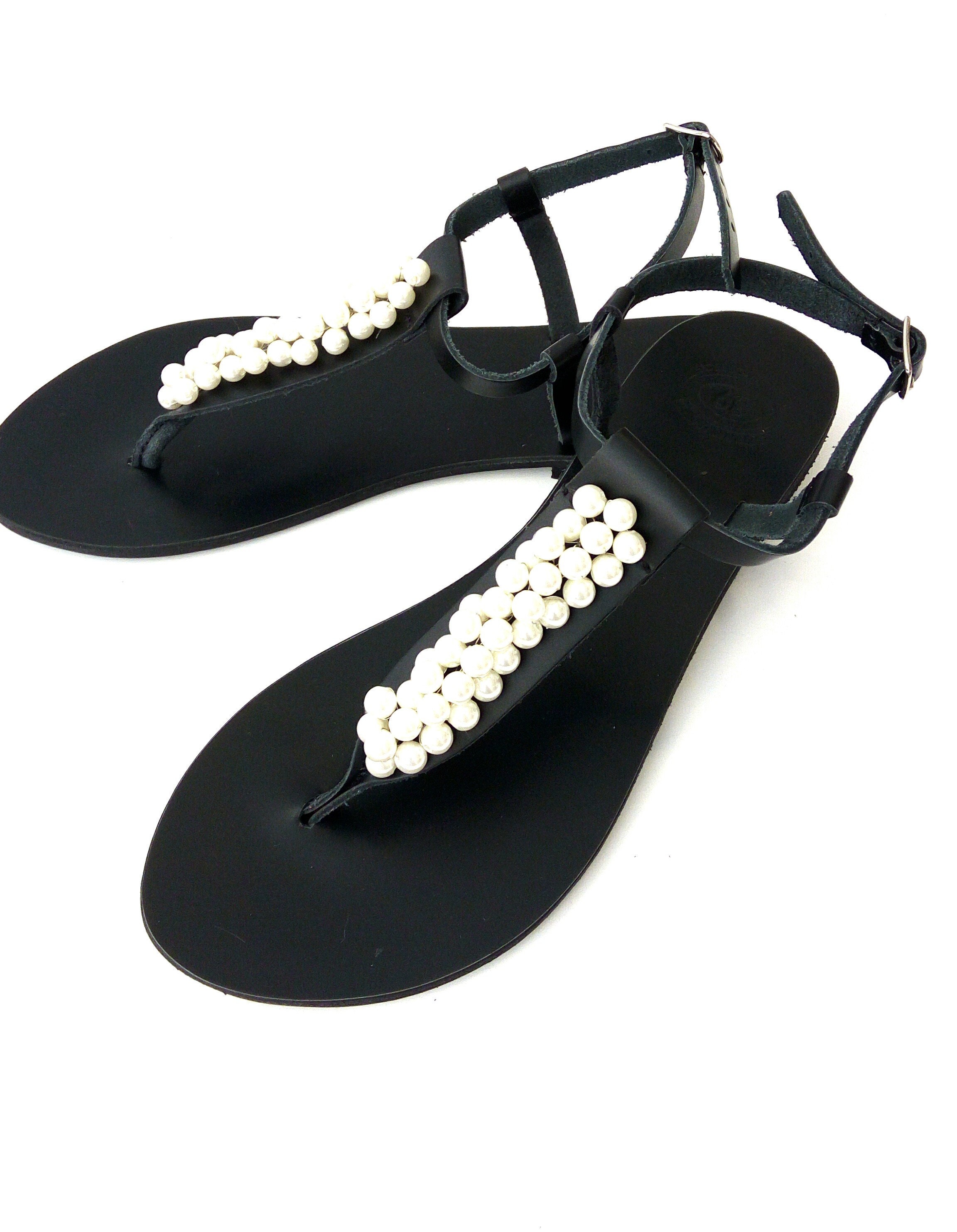 Black leather sandals, Pearl sandals, Greek leather sandals, Beach ...